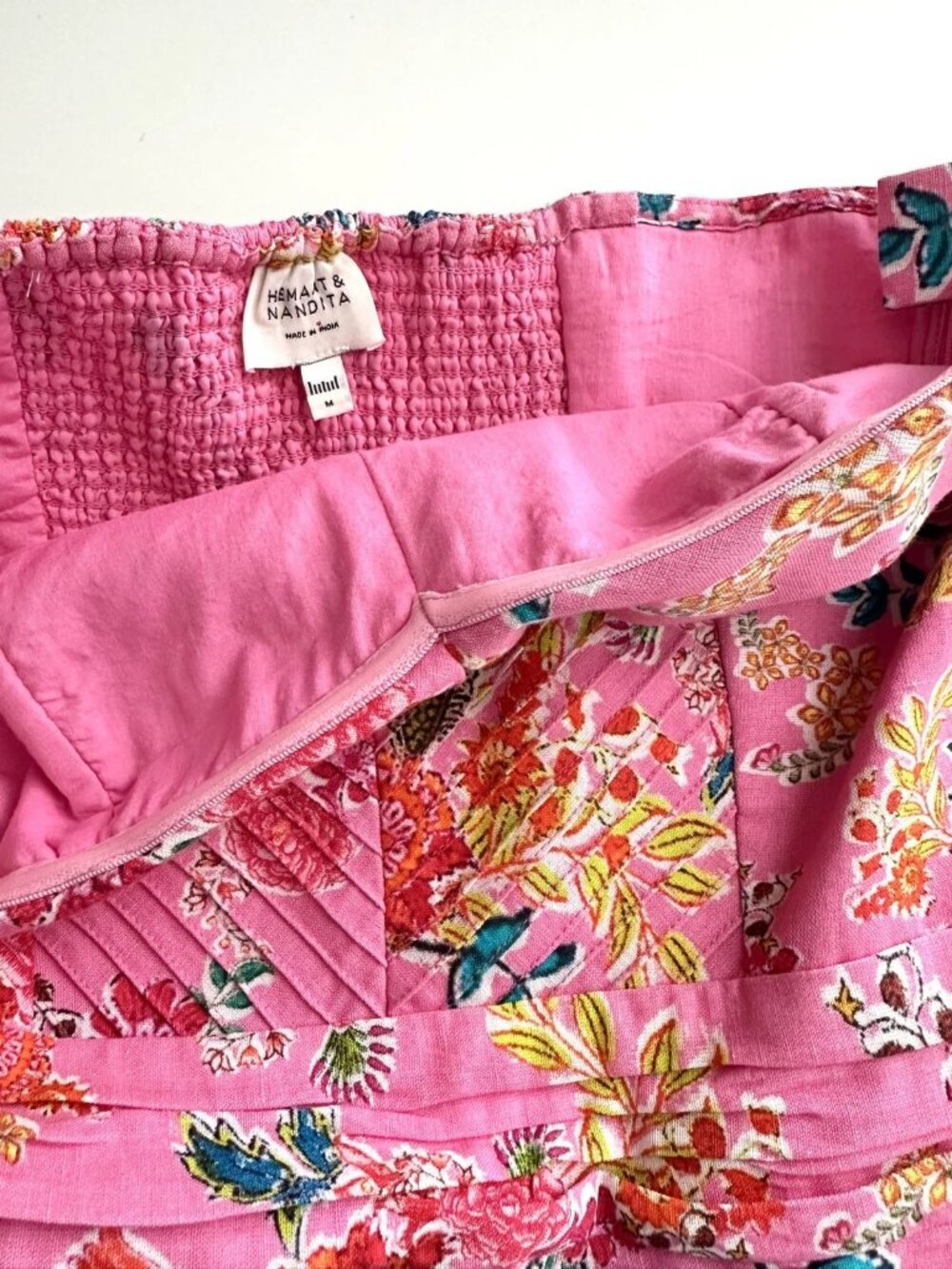 HEMANT & NANDITA Fiora Pink Floral Strapless Linen Blend Mini Dress Size M - Picture 5 of 9